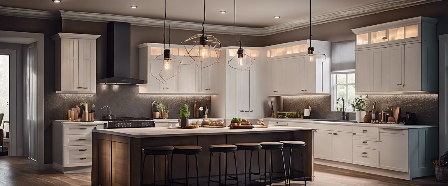 Connected kitchen lighting setup with various smart lighting fixtures.