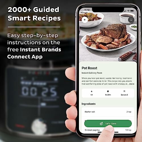 Instant Pot app with pot roast recipe on smartphone screen.