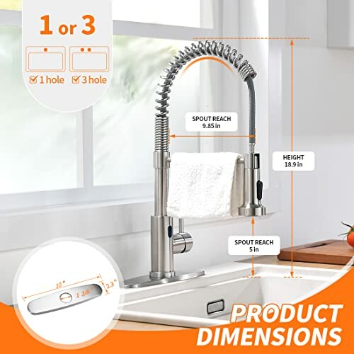 Diagram showing dimensions of a kitchen faucet with flexible spout and one or three hole installation options.