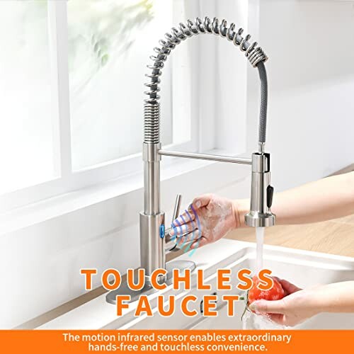 Touchless faucet with hands-free motion sensor technology.